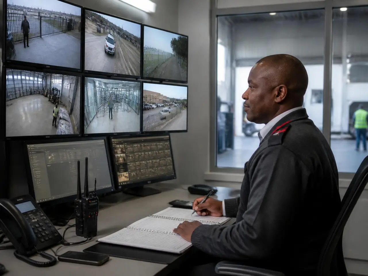 Security officer monitoring CCTV and access control for an industrial site